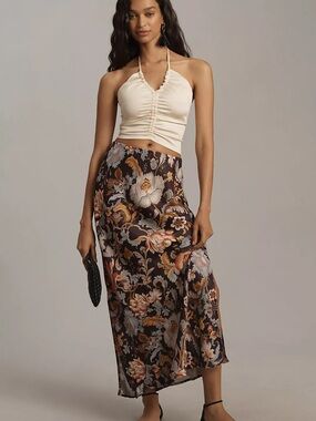 Anthropologie Tilda Maxi Slip Skirt Brown Pattern Floral Bias Cut Size M